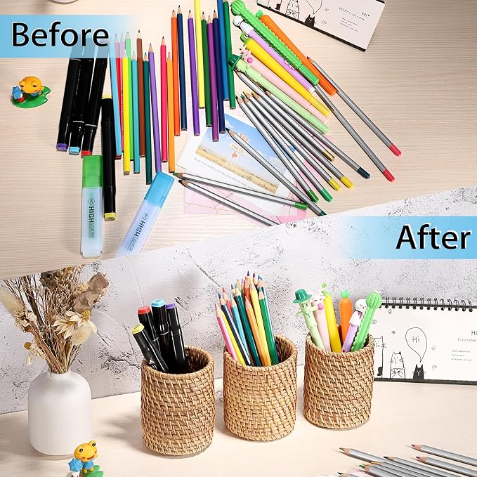 BTSKY 3 Pack Rattan Pen Cup, Handmade Desk Pencil Holders Makeup Brush Holder - Image 5
