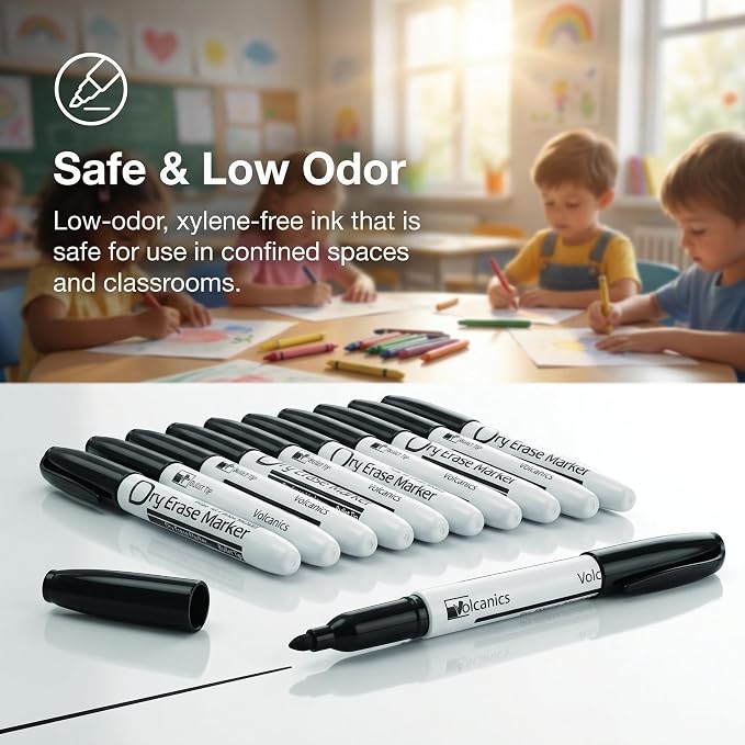 Volcanics Black Dry Erase Markers Low Odor Fine Whiteboard Markers Thin Box of - Image 4