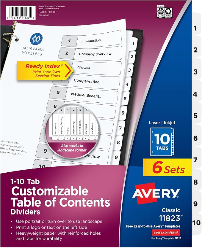 Avery Dividers for 3 Ring Binders, 10 Tabs per Set, Customizable Table of by Avery
