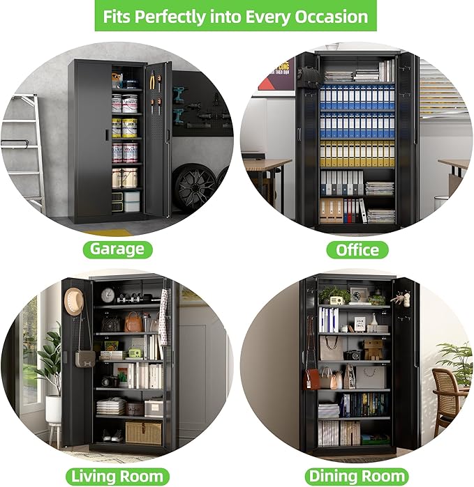 Aobabo Upgraded 71" H×34" W×18" D Metal Garage Storage Cabinet with Pegboards, Lockable Steel Cabinet with 5 Adjustable Shelves and 4 Hooks for Garage, Home, Office, Black,Assembly Required-DeskLoop Office