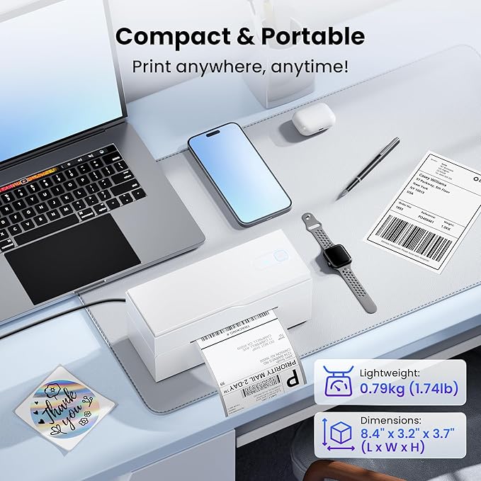 Bluetooth Thermal Label Printer – 4x6 Shipping Label Printer for Small Businesses & Shipping Packages, Compatible with Android, iPhone, and Windows, Ideal for Amazon, eBay, Shopify, Etsy (White)-DeskLoop Office