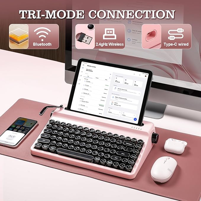 YUNZII QL75 Wireless Typewriter Hot Swap Retro Mechanical Keyboard,Punk Round Keycaps,RGB Backlit QMK/VIA Programmable,Multi-Device Keyboard with 2.4GHz/Type-C/BT5.0 (Pink, Cocoa Cream V2 Switch)-DeskLoop Office