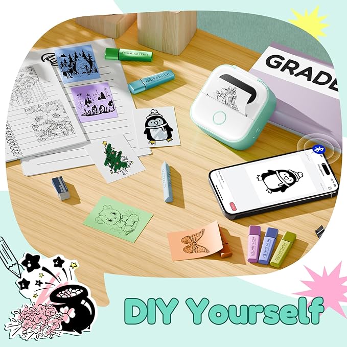 Sticker Printer Y02C, Portable Mini Sticker Maker Y02C, Mini Printer Sticker Machine with 1 Roll Paper, Bluetooth Thermal Portable Inkless Receipt Machine for Learning, Note, Photos, Journal-DeskLoop Office