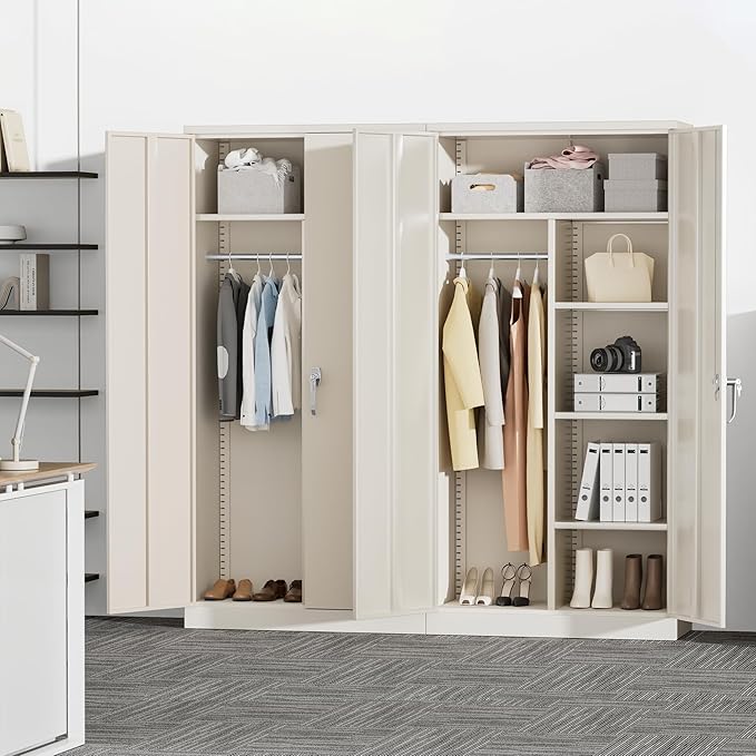 Greenvelly Metal Storage Cabinet with 2 Doors, Grey 72” Steel Storage Wardrobe Cabinet, Employees Locker Closet Clothing Coat Steel Wardrobe Cabinet with Hanging Rod for Garage, Gym, Home Office-DeskLoop Office
