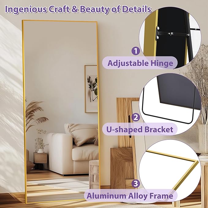 Full Length Mirror, 71"x32" Oversized Floor Mirror Freestanding, Full Body Mirror Floor Standing Mirrors with Stand, Hanging Mounted Mirrors for Bedroom Living Room, Gold, Rect Style-DeskLoop Office