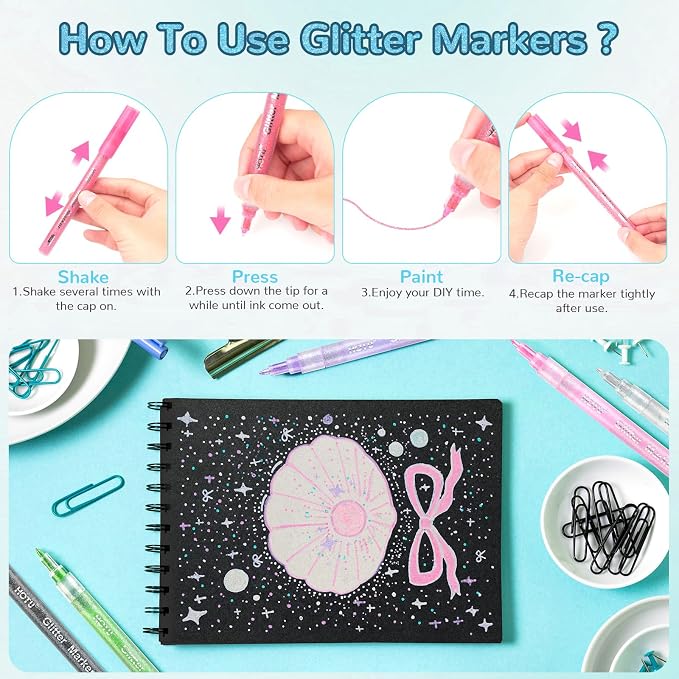 HOTU Glitter Markers Pen，12 Glitter Colors Paint Pens Sparkly Metallic Shimmer - Image 7