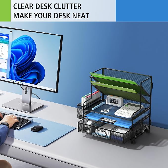 MINDEPOT 4-Tier Paper Organizer + 3-Pocket File Holder, Desktop File Organizers - Image 5