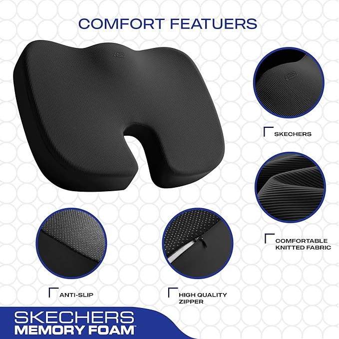 Skechers Memory Foam Seat Cushion,Office Chair Cushion for Tailbone Pain Relief,Butt Pillow for Office Chair,Car seat Cushion,Computer Desk,Long Sitting Office Workers,and Car Drivers,Black-DeskLoop Office