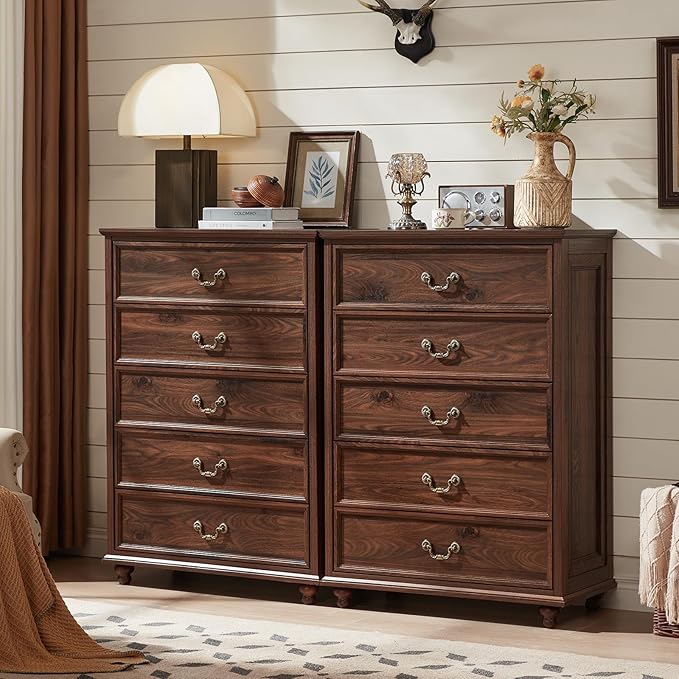 Farmhouse 5 Drawer Dresser Set of 2 for Bedroom, 45" Tall Rustic Chests of Drawers w/ 4 Solid Wood Feet, Mid Century Vintage Wooden Closet Storage Dressers Organizer for Living Room, Brown-DeskLoop Office