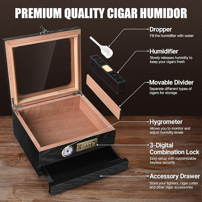Tesonway Cigar Humidor, Cedar Wood Humidor Cigar Box, Glass Top Desktop Humidor - Image 2