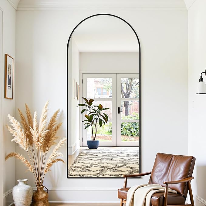 Full Length Mirror, 68"x26" Oversized Floor Mirror Freestanding, Full Body Mirror Floor Standing Mirrors with Stand, Hanging Mounted Mirrors for Bedroom Living Room, Black, Arched Style-DeskLoop Office