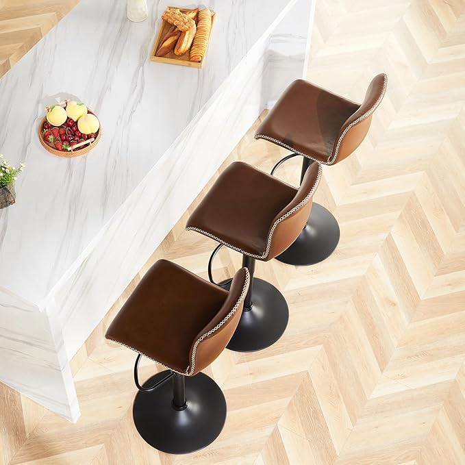 HeuGah Bar Stools Set of 3, Swivel Counter Height Barstools with Back, Adjustable Height 24" to 32", Brown Faux Leather Bar Chairs for Kitchen Island (Brown, Set of 3 (24'' to 32''))-DeskLoop Office