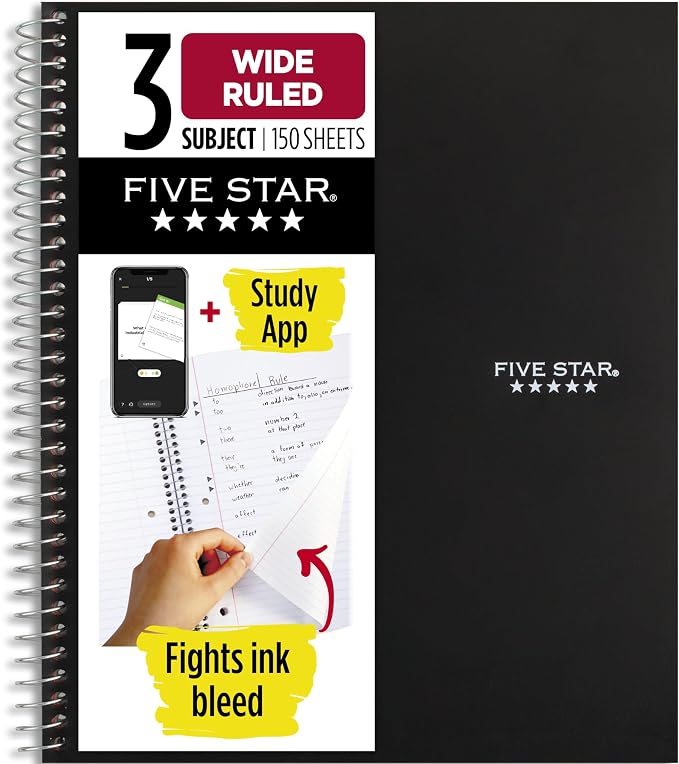 Five Star Spiral Notebook + Study App, 3 Subject, Wide Ruled Paper, 150 Sheets by FiveStar