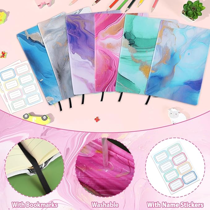 Jumbo Stretchable Book Covers 12PCS Reusable Fabric Book Cover with Label 9x11in Marble Print Protective Sleeve for Hardcover Book Textbook Cover for School Fits Most Book Sizes Up to 10x12.5in-DeskLoop Office