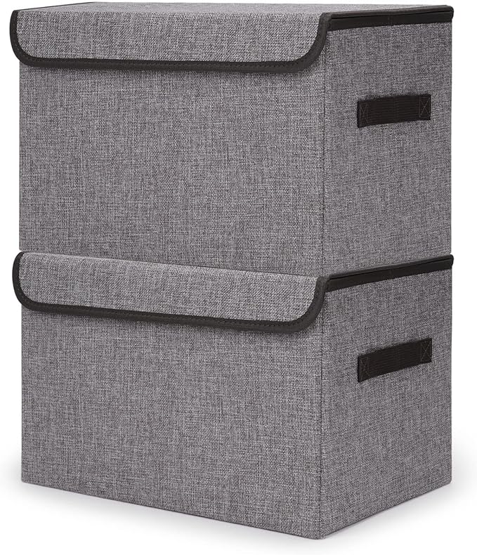 Large 42 Quarts Fabric Storage Bins with Lids [2-Pack] Linen Collapsible Foldable Storage Cubes, Closet Organizer Containers boxes with Handles for Home Office (16.7 x 12 x 12, Gray)-DeskLoop Office