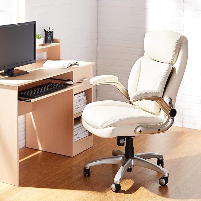 Amazon Basics Ergonomic Executive Office Desk Chair with Lumbar Support, Flip-up Armrests, Adjustable Height, Cream Leather-DeskLoop Office