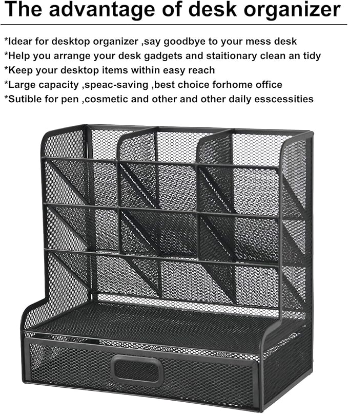 Marbrasse Mesh Pen Holder for Desk, Multi-Functional Pencil Organizer with Drawer, Desk Organizers and Accessories for Office Art Supplies (Large Black)-DeskLoop Office