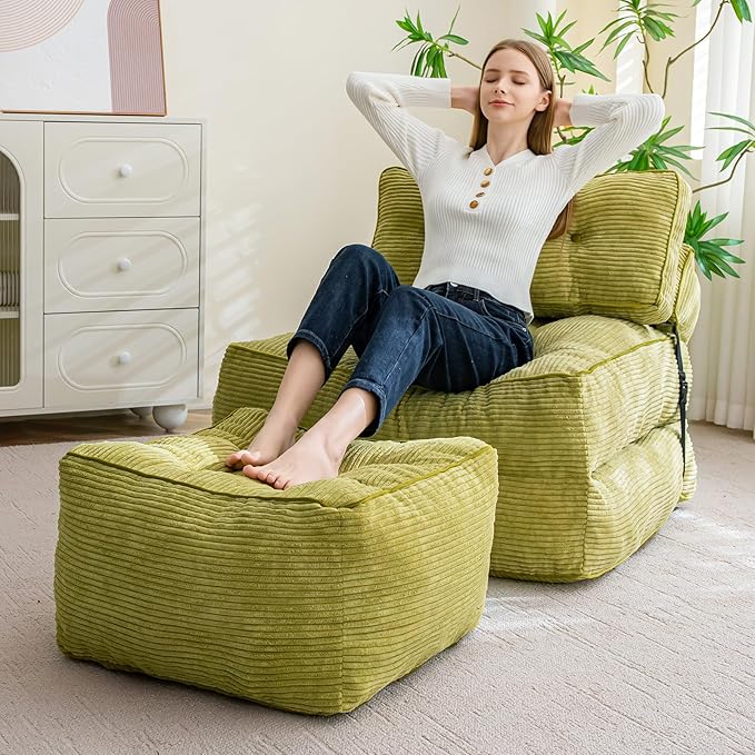 HIGOGOGO Square Stuffed Pouf Ottoman, Corduroy Poufs with Foam Chunk Filling, Furry and Fluffy Pouf Foot Stool Storage Ottoman, 25.6 X 25.6 Floor Poufs Foot Rest for Living Room, Green-DeskLoop Office