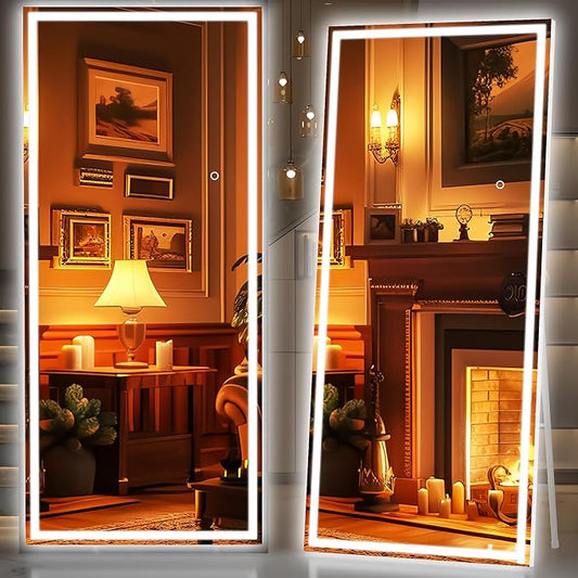Hasipu Full Length Mirror with Lights, 83" x 36" LED Lighted Floor Standing Mirror, Full Body Dressing Hanging Mounted Mirrors, Dimmable, Tempered Glass, Safe to Use, Square White-DeskLoop Office