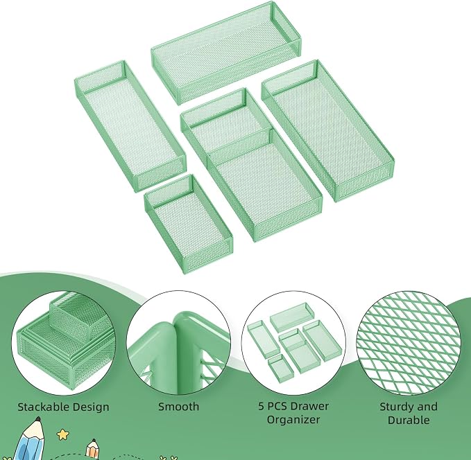 Marbrasse 5 Pack Desk Drawer Organizer Set, Mesh Drawer Storage Trays - Image 5