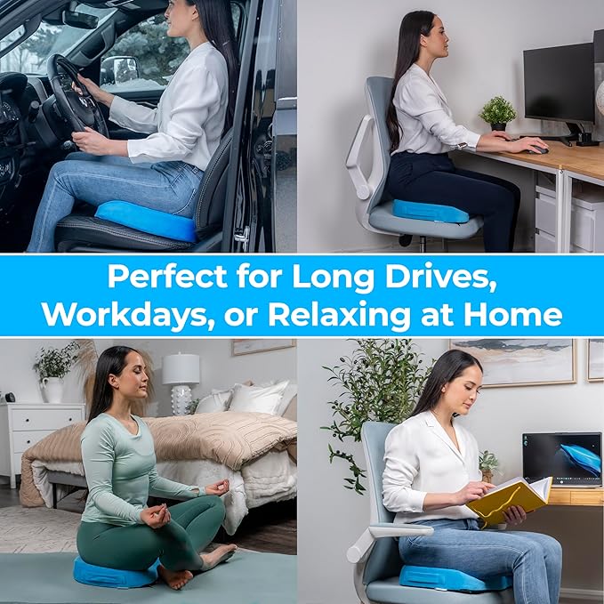 LuminaRest® Gel Enhanced Seat Cushion for Long Sitting – CertiPUR-US® Certified Memory Foam – Tailbone Pain Relief Cushion, Adaptable for Office, Car, Airplane & Wheelchair – (Blue)-DeskLoop Office