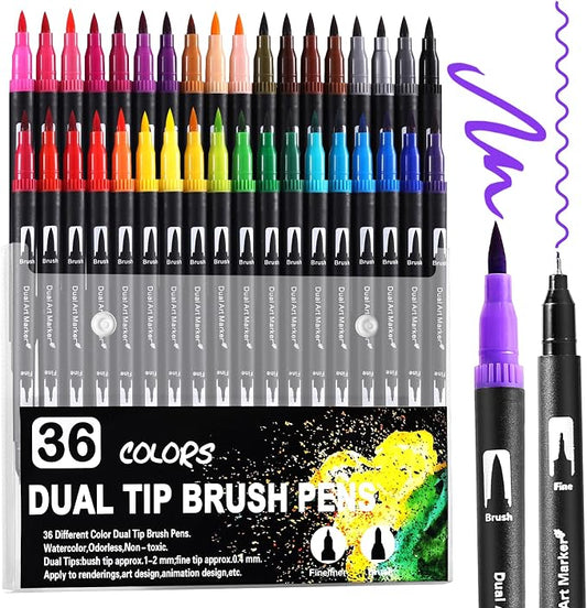 TOSHARE 36 Colors Brush & Fine Dual Tip Watercolor Markers by TOSHARE