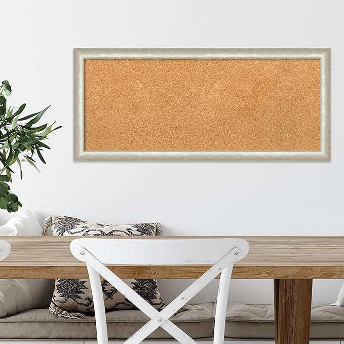 Amanti Art Natural Cork Board for Wall, 14x32 Vision Board with Silver Wood Frame, Medium Corkboard Office Decor for Home Organization, Modern Contemporary Corkboard Pinboard to display items for home-DeskLoop Office