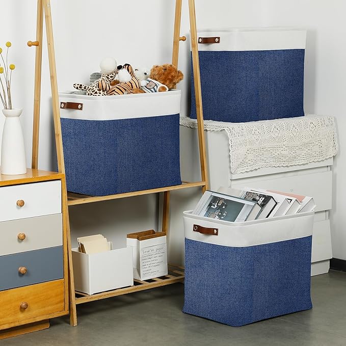 DULLEMELO 51L Large Baskets for Storage, Large Rectangular Baskets for Shelves [3 Pack], Blanket Basket Dog Toy Basket for Organizing Closet, Nursery, Clothes,Toys (White&Blue)-DeskLoop Office