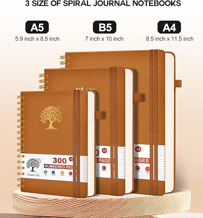 Spiral Notebook Journal for Women Men, 300 Numbered Lined Pages, College Ruled, A5 Hardcover Spiral Bound Notebook for School, Work, Note Taking Writing, Leather Spiral Journal Medium 5.9"x8.5"-DeskLoop Office