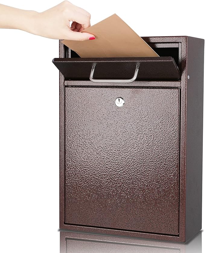 KYODOLED Steel Key Lock Mail Boxes Outdoor,Locking Wall Mount Mailbox,Security Key Drop Box,Collection Boxes,16.2Hx 11.22Lx 4.72W Inches,Bronze X Large-DeskLoop Office