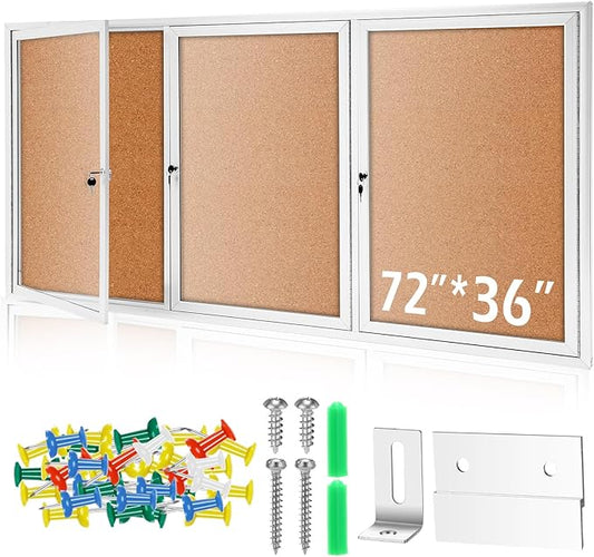 72" x 36" Enclosed Bulletin Board Outdoor 3 Door Weatherproof Tamper-Proof Enclosed Cork Board with Lock Aluminum Frame Display Case for Back to School, Office Commercial, 18xA4(Wood Color)-DeskLoop Office