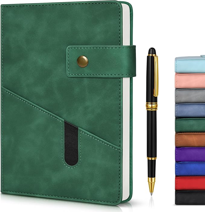 Green A5 Lined Leather Journal Notebook for Men Women,5.9" X 8.4" Personalized Hardcover Journal with Pen,200 Pages 100 Gsm Thick Ruled Paper Daily Diary for School,Travel,Work,Writing-DeskLoop Office