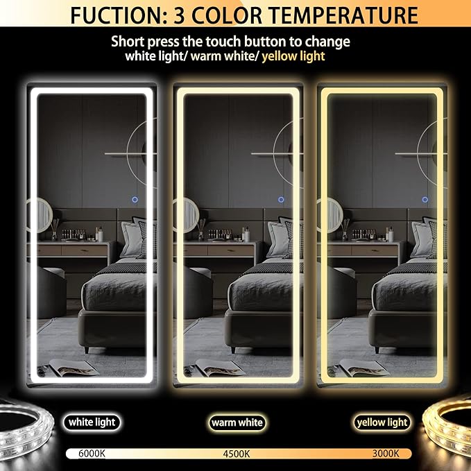 Hasipu Full Length Mirror with Lights, 65" x 22" LED Floor Mirror, Full Body Dressing Standing, Hanging Mounted Mirror for Living Room Bedroom Cloakroom, Round Black-DeskLoop Office
