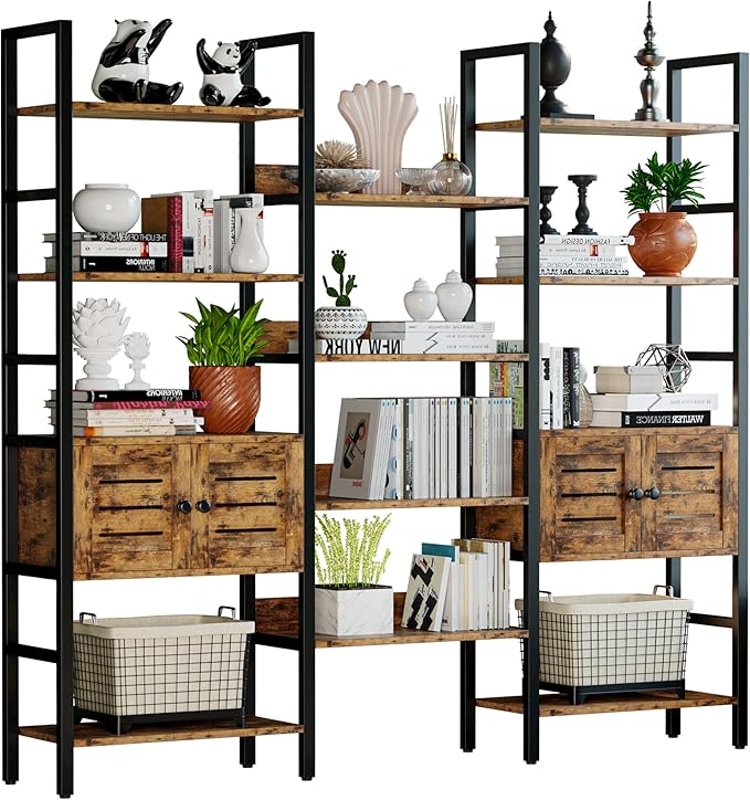 IRONCK Industrial Bookshelf and Bookcase with 2 Louvered Doors 5 Tiers Triple Wide Display Shelf with Storage Cabinet for Living Room Home Office-DeskLoop Office