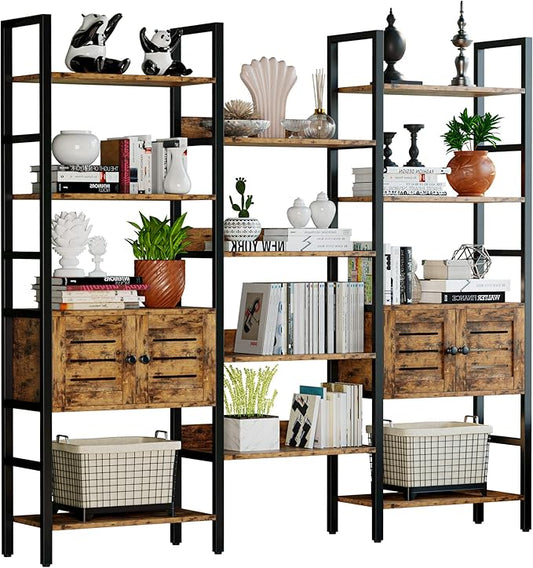 IRONCK Industrial Bookshelf and Bookcase with 2 Louvered Doors 5 Tiers Triple Wide Display Shelf with Storage Cabinet for Living Room Home Office-DeskLoop Office