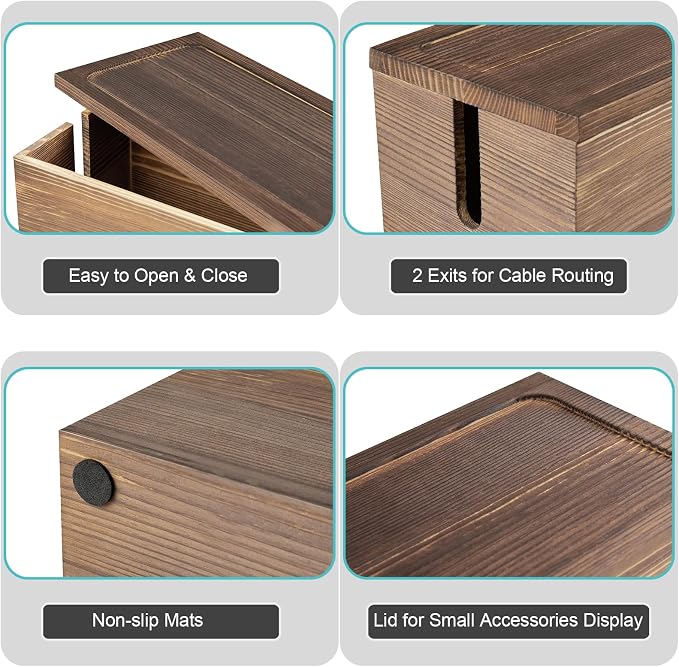 Large Cable Management Box, Burnt Wood Cord Organizer Box - Image 4