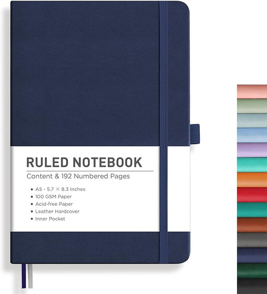 RETTACY Lined Journal Notebook, 192 Numbered Pages, A5 Medium Size (5.7'' x 8.3''), for Men & Women, Journaling, Writing, Work & Office, Leather Hardcover, 100 GSM Thick Paper (Navy Blue)-DeskLoop Office
