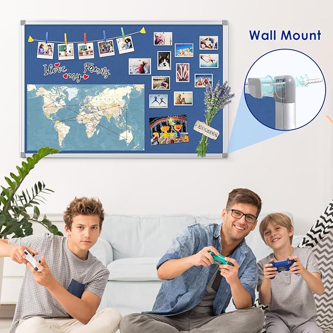 Felt Bulletin Big Vision Pin Board Notice Booard Wall-Mount Organization for Photo Message Velcro,Blue,48x36inches-DeskLoop Office