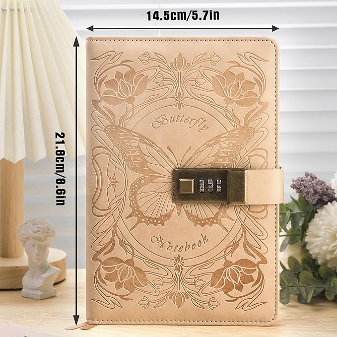 TIEFOSSI Diary with Lock for Women Girls, Lined Locked Journal, Butterfly Journal Notebook with Pen and Bookmark, A5 Refillable Locking Journals for Writing, 224 Numbered Pages-DeskLoop Office