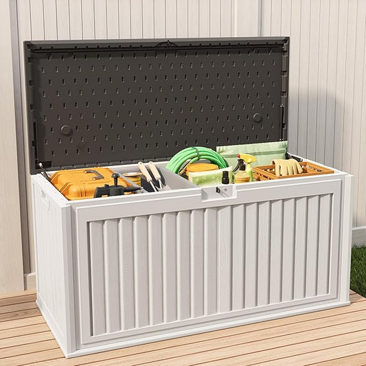 Gizoon 100 Gallon Deck Box, Resin Outdoor Storage Box with Lockable Lid, Waterproof and UV Resistant, Perfect for Storing Patio Mats, Garden Tools, Home and Outdoor Organization-DeskLoop Office