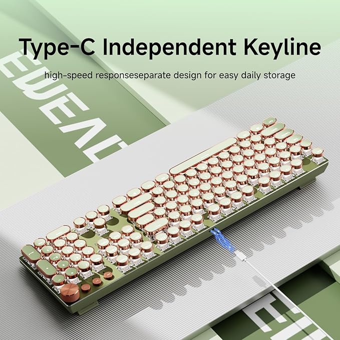 EWEADN Typewriter Style Mechanical Gaming Keyboard, Wired Mechanical Keyboards,104 Keys Backlit LED Keyboards, Media Control Knob, Wired Computer Keyboard Pink Switch for Windows/Mac/PC-Green-DeskLoop Office