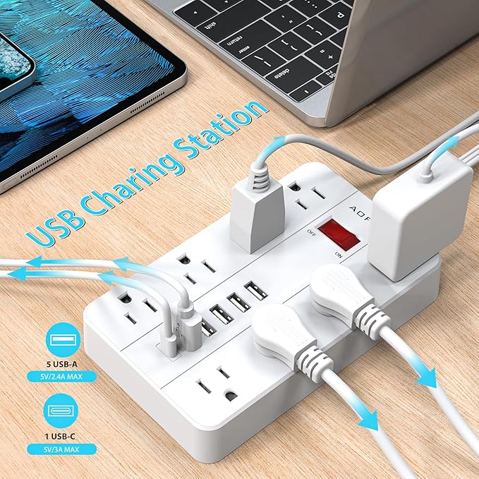 15ft Extension Cord Long Power Strip,AOFO 8 Widely-Spaced Outlets & 6 USB Ports Flat Plug Power Strip,Power Cord for Wall Mountable and Desktop White-DeskLoop Office