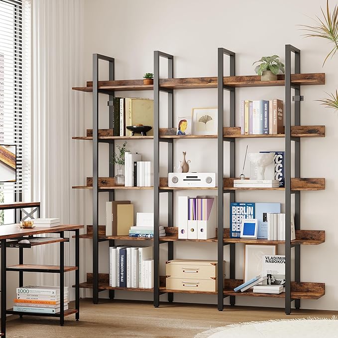 IRONCK Bookcase and Bookshelves Triple Wide 5 Tiers Large Open Shelves, Etagere Bookcases with Back Fence for Home Office Decor, Easy Assembly, Vintage Brown-DeskLoop Office