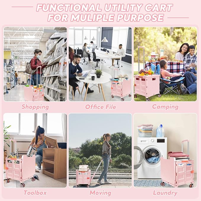 FELICON SELORSS Folding Utility Cart Portable Rolling Crate Handcart-Pink | - Image 8