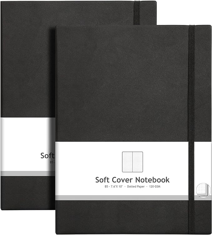 AHGXG Bullet Dotted Journal 2 Pack - B5 Large Journal Dot Grid Notebook (7.6'' X 10'') with Thick 120gsm Dot Paper, Soft Leather Cover, Total 384 Pages, Inner Pocket - Black-DeskLoop Office