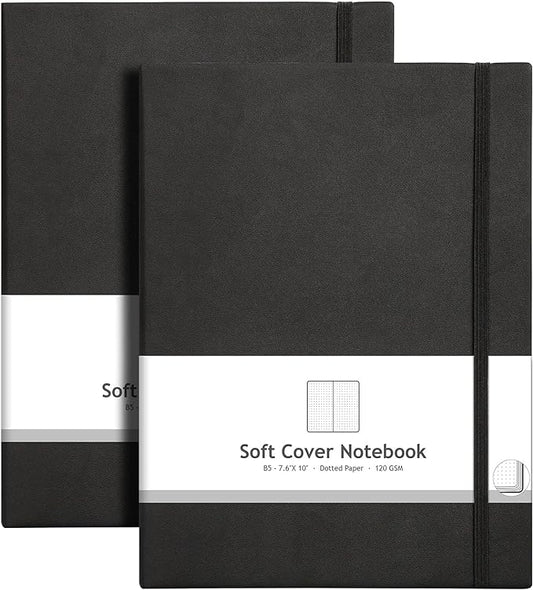 AHGXG Bullet Dotted Journal 2 Pack - B5 Large Journal Dot Grid Notebook (7.6'' X 10'') with Thick 120gsm Dot Paper, Soft Leather Cover, Total 384 Pages, Inner Pocket - Black-DeskLoop Office