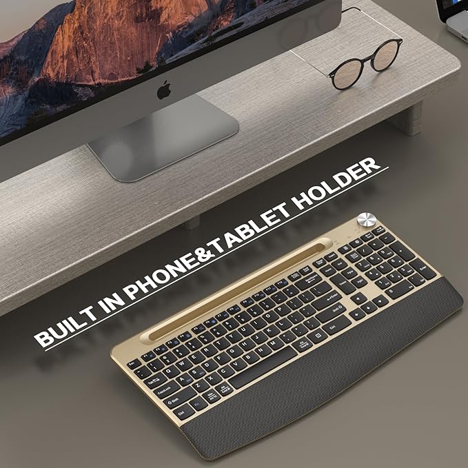 JOYACCESS Ergonomic Wireless Keyboard with Wrist Rest, Phone/Tablet Holder,Windows & Mac OS, 2.4 GHz Wireless, Full-Size,Quiet Keyboard Compatible for Laptop,PC, Mac, Windows -Black Glod-DeskLoop Office
