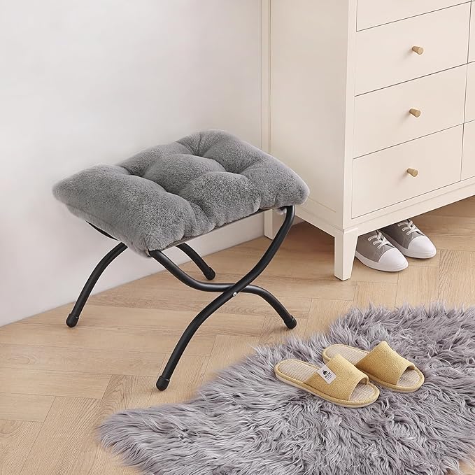 LITA Folding Upholstered Footrest Stool, Modern Small Portable Accent Ottoman with Detachable Thick Cotton Cushion Padded Sofa Stool with Metal Frame for Lazy Chair, Living Room & Bedroom, Plush Grey-DeskLoop Office