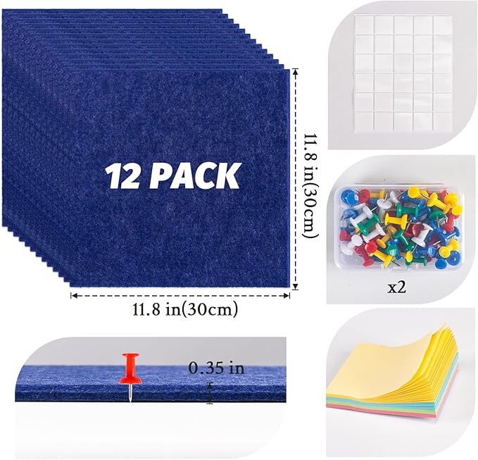 Large Cork Board Alternative, 12 Pack Felt Board with Safe Removable Adhesive Tabs Felt Wall Tiles, Large Cork Boards for Walls, Cork Board for Home Office, Pin Boards for Walls, Royal Blue-DeskLoop Office