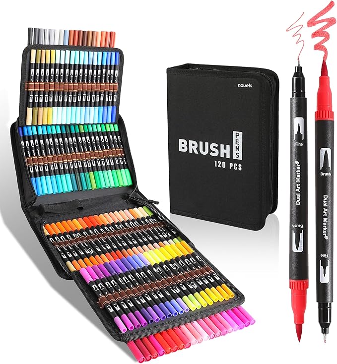 nauets 120 Colors Brush & Fine Dual Tip Watercolor Markers Set for Kids Adults Coloring Books No Bleeding Paint Pens For Drawing Note taking Planner Calligraphy Journaling Card Making Art Supplies-DeskLoop Office